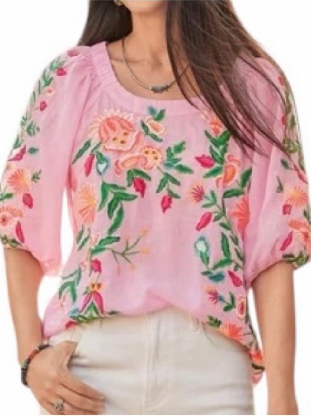 Sundance Floral Embroidered Pink Floral Embroidered Puff-Sleeve Top Blouse L - Picture 2 of 13
